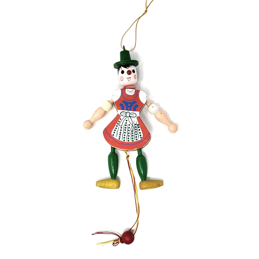Vintage Painted Wooden German Jumping Jack Puppet Kids Toy Pull String